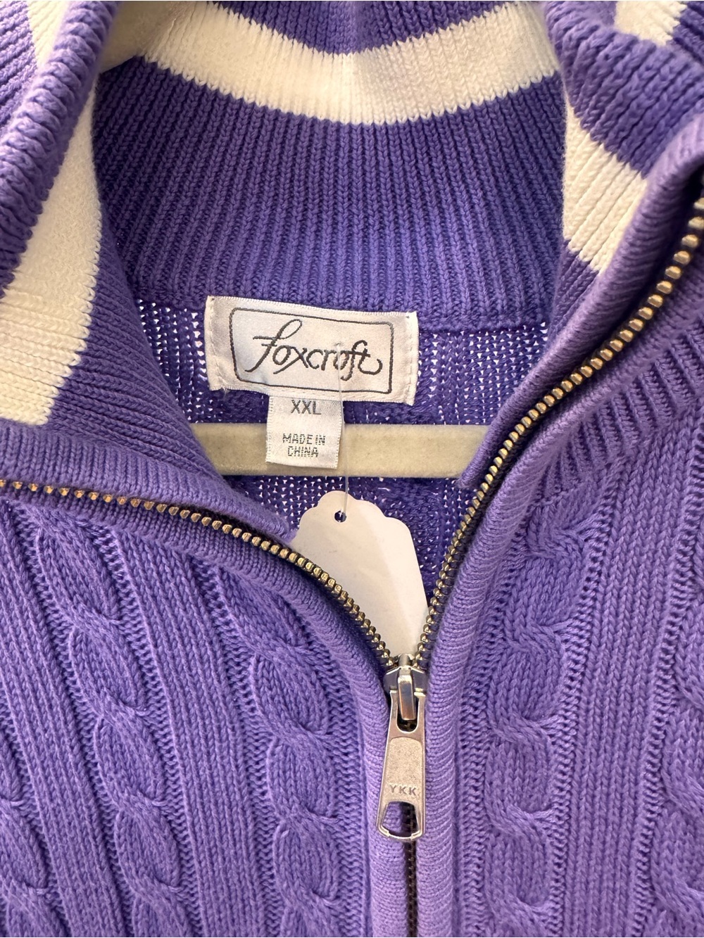 Foxcroft Lavender Cable-Knit Zip Cardigan with White Trim - Picture 3 of 3
